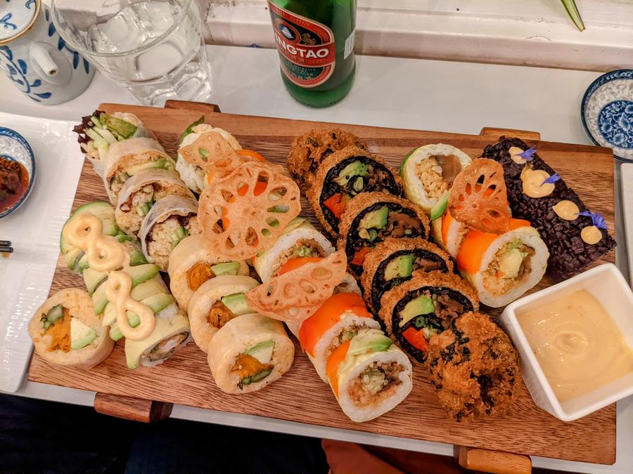 A sushi tray from Sushi Ohana Sushi.