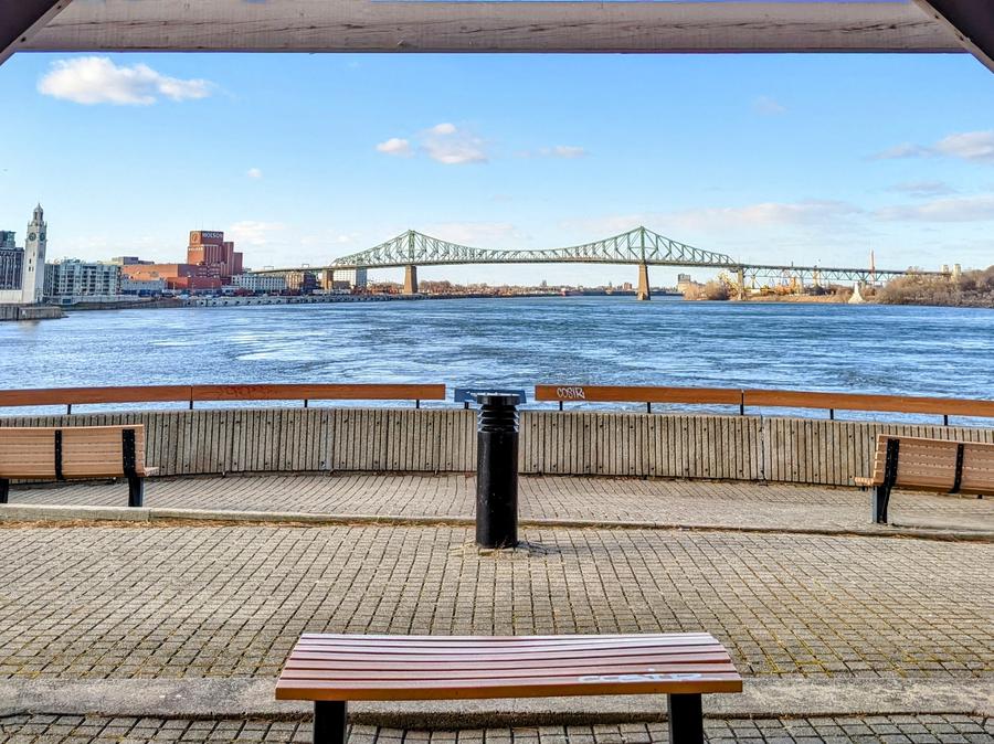 A bridge of the St. Lawrence River as seen from Parc du Dieppe.