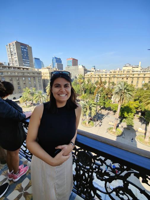 Aishwarya with the Plaza de Armas behind from the Museum tower balcony.