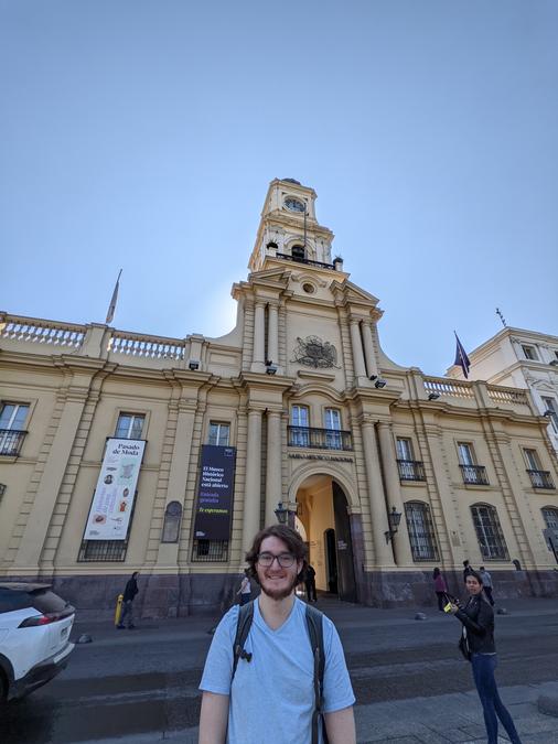 Me in front of the National History Museum of Chile with the tower framed.